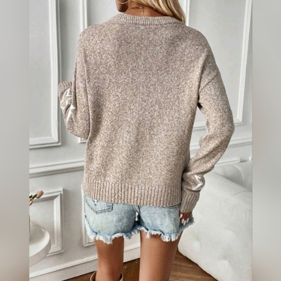 New Chic Star Pattern Knit Pullover Sweater Top Khaki Tan White - Picture 5 of 8